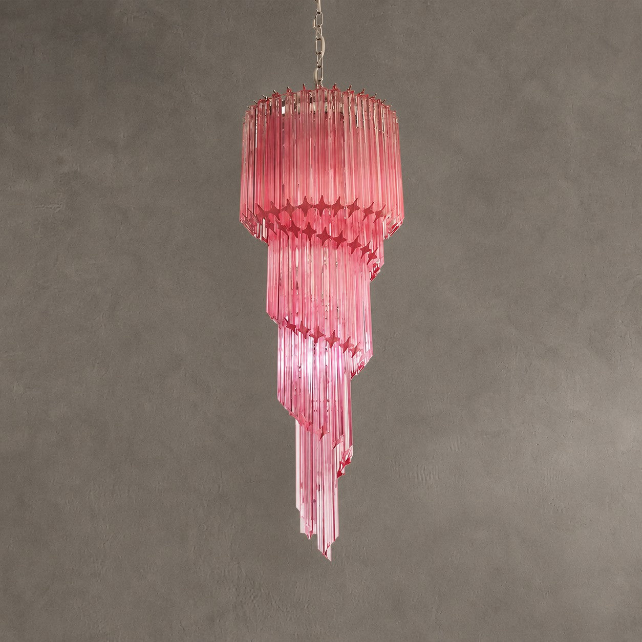 Chandelier  Spiral Prism Glass Hand-Cut Faceted Prisms Nickel Frame Pink Amber