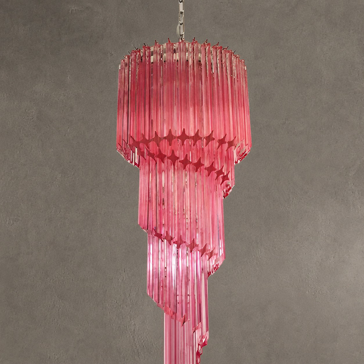 Chandelier  Spiral Prism Glass Hand-Cut Faceted Prisms Nickel Frame Pink Amber
