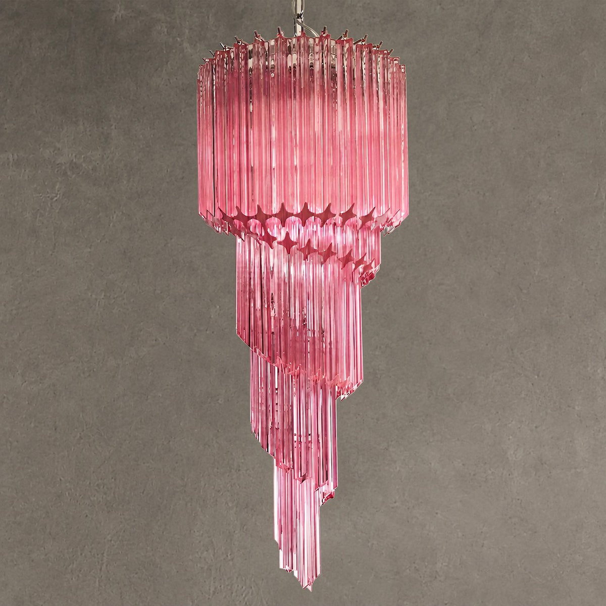 Chandelier  Spiral Prism Glass Hand-Cut Faceted Prisms Nickel Frame Pink Amber