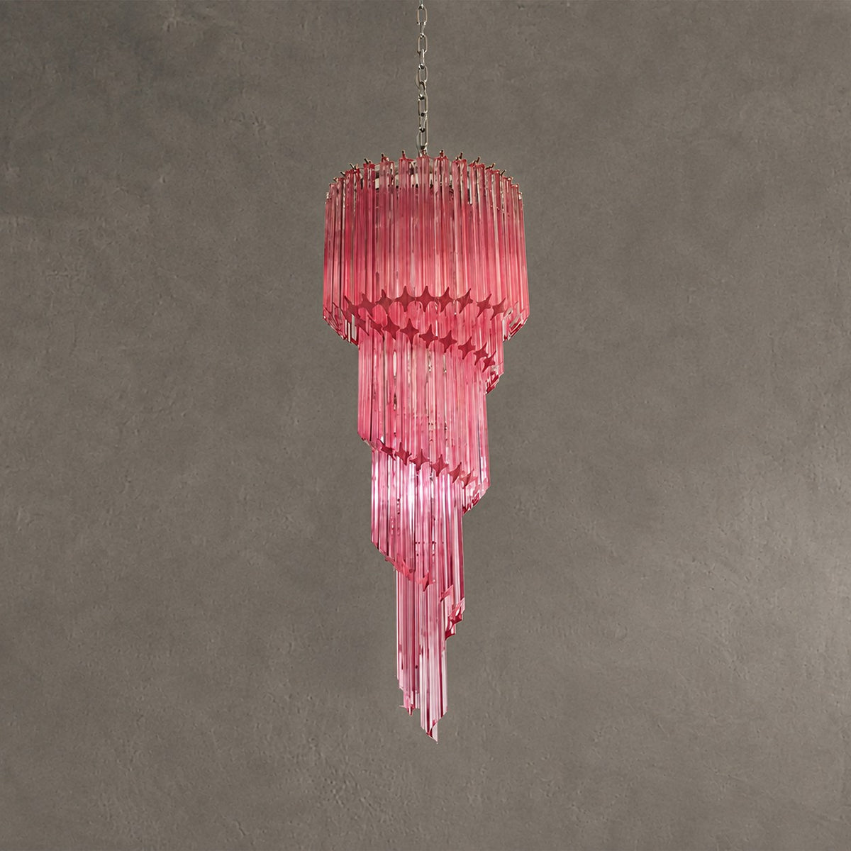Chandelier  Spiral Prism Glass Hand-Cut Faceted Prisms Nickel Frame Pink Amber