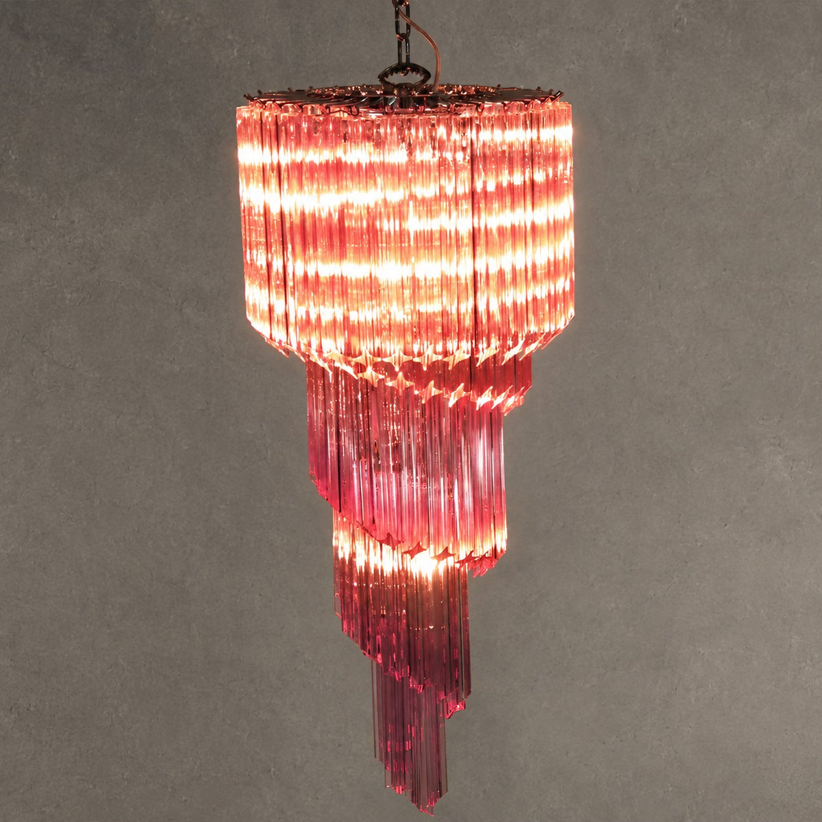 Chandelier  Spiral Prism Glass Hand-Cut Faceted Prisms Nickel Frame Pink Amber