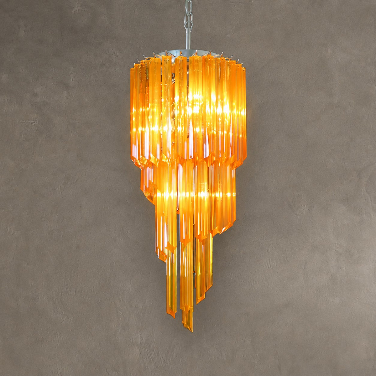 Chandelier  Spiral Prism Glass Hand-Cut Faceted Prisms Nickel Frame Pink Amber