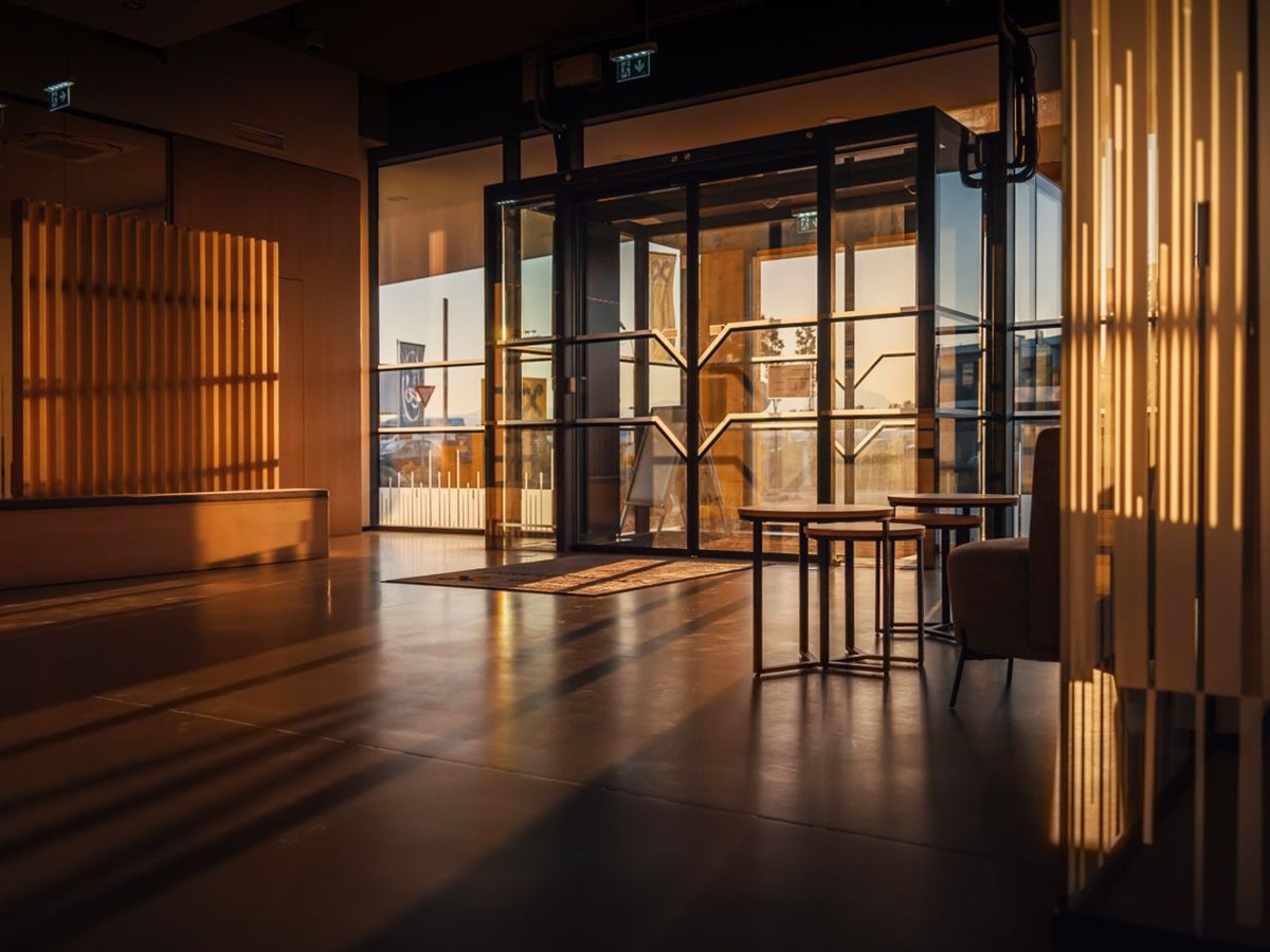 Hotel lobby with warm architectural lighting