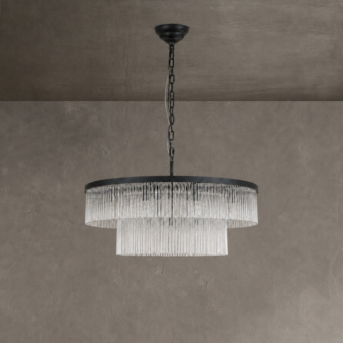 Two-Tier Striped Column Round Pendant D800 - Black