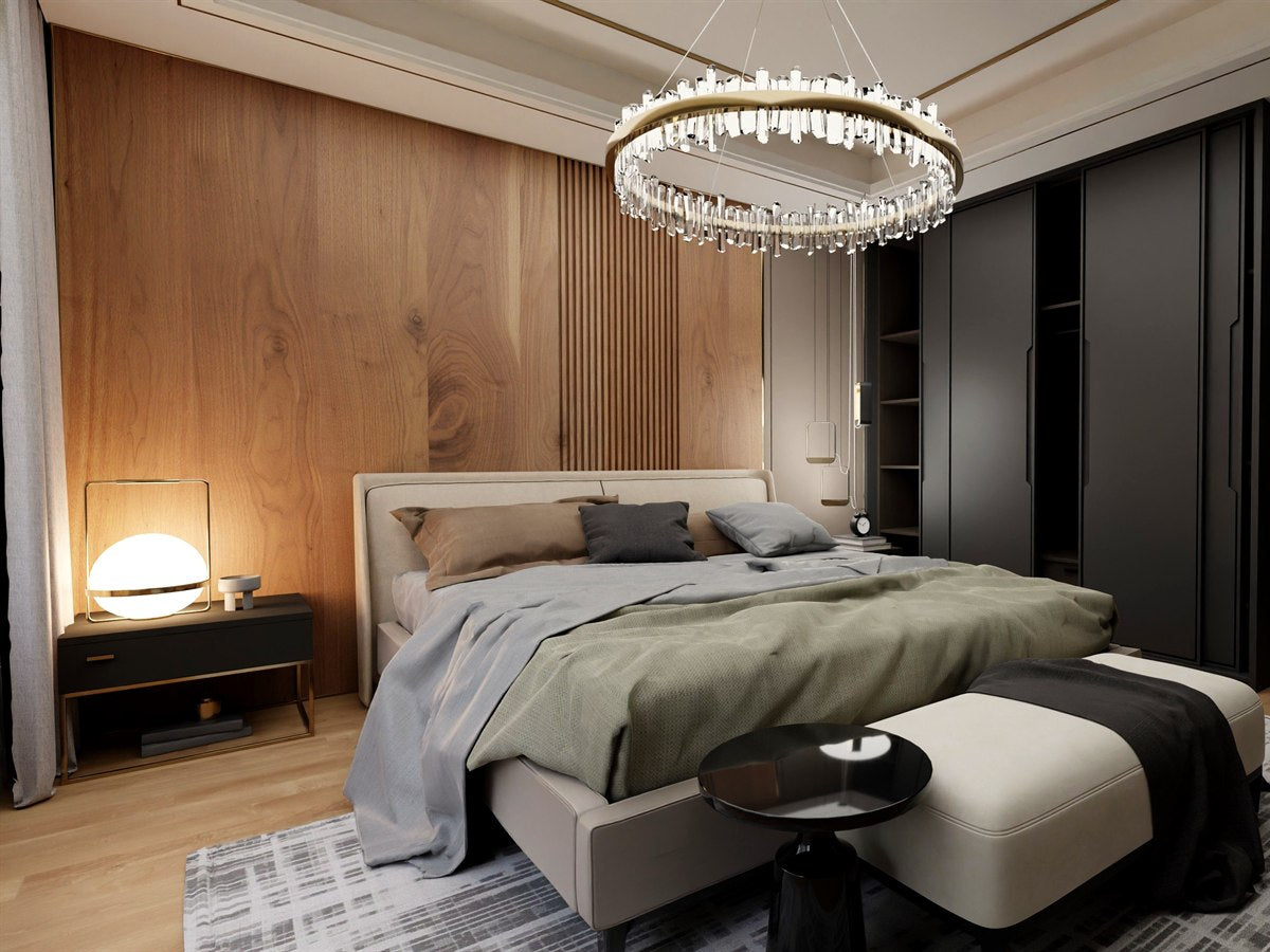 Crystal ring chandelier in a timber-panelled bedroom