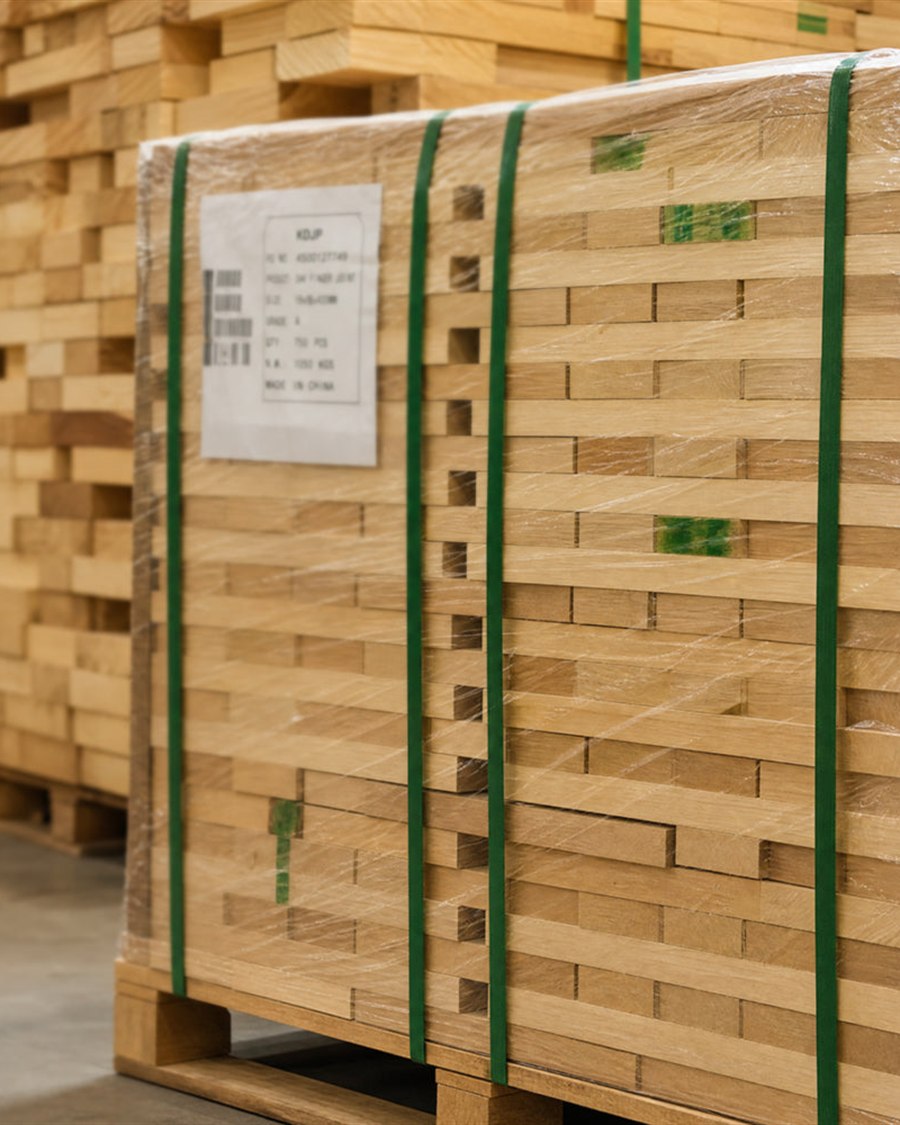 Strapped wooden shipping crates on a pallet with shipping label