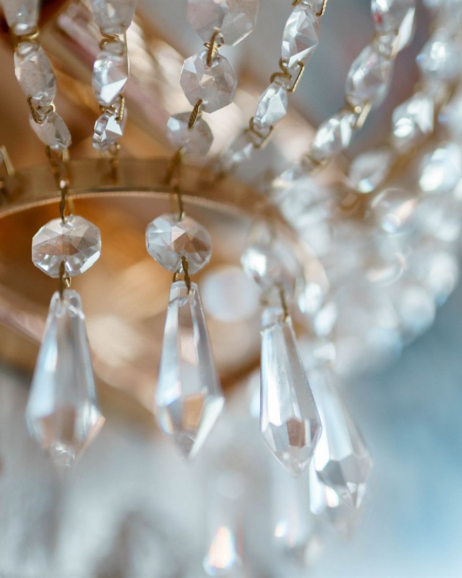 Close view of cut crystal drops on a chandelier