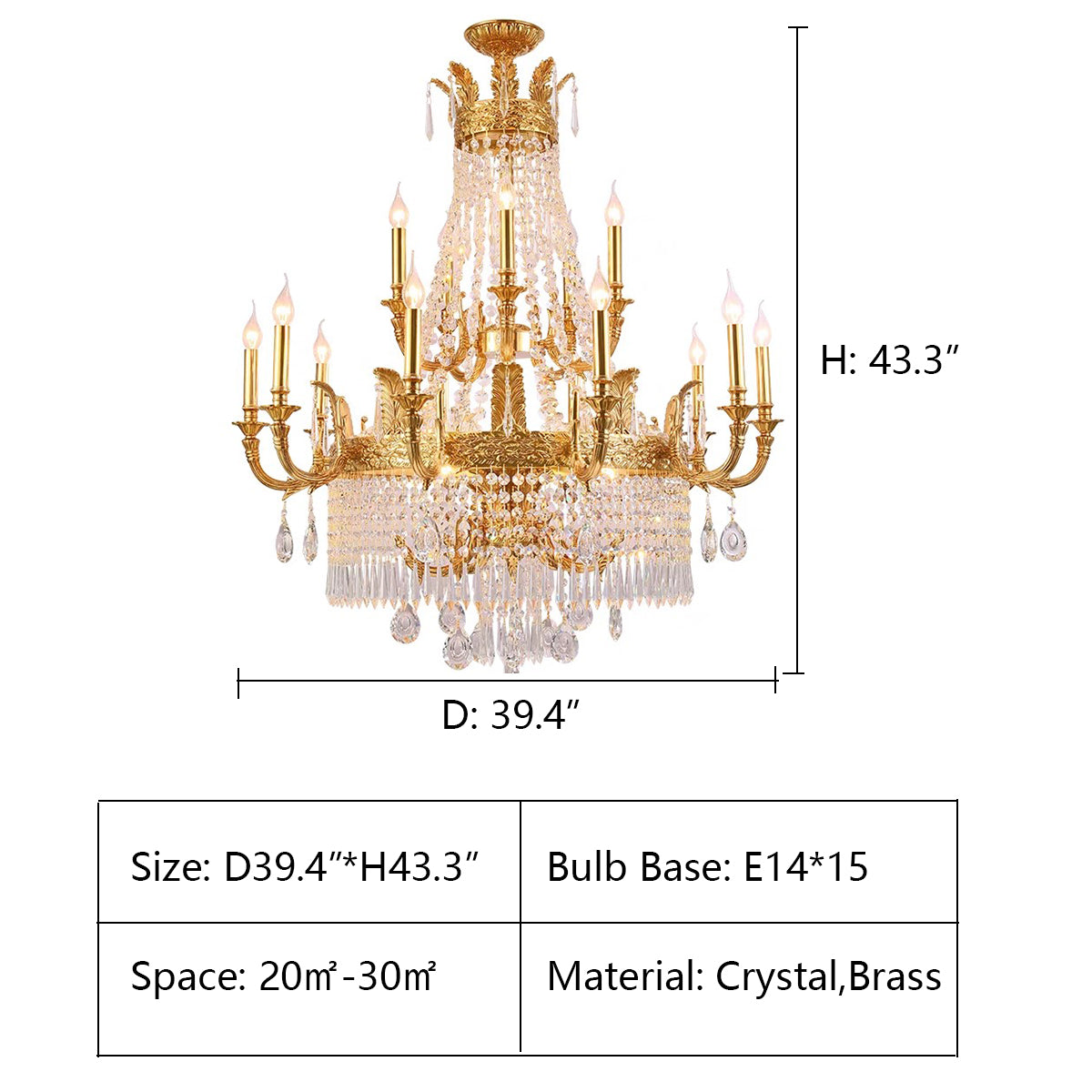 2 layers: D39.4*H43.3" Large Oversized Luxury Golden Metal Brass  Candle Crystal Tassel Chandelier  For High-ceiling Staircase/Entryway/Hallway/Living/Meeting Room