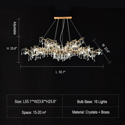 New Style Extra Large Brass Branch Chandelier Light Crystal Drops Pendant Lamp For Living/ Dining Room