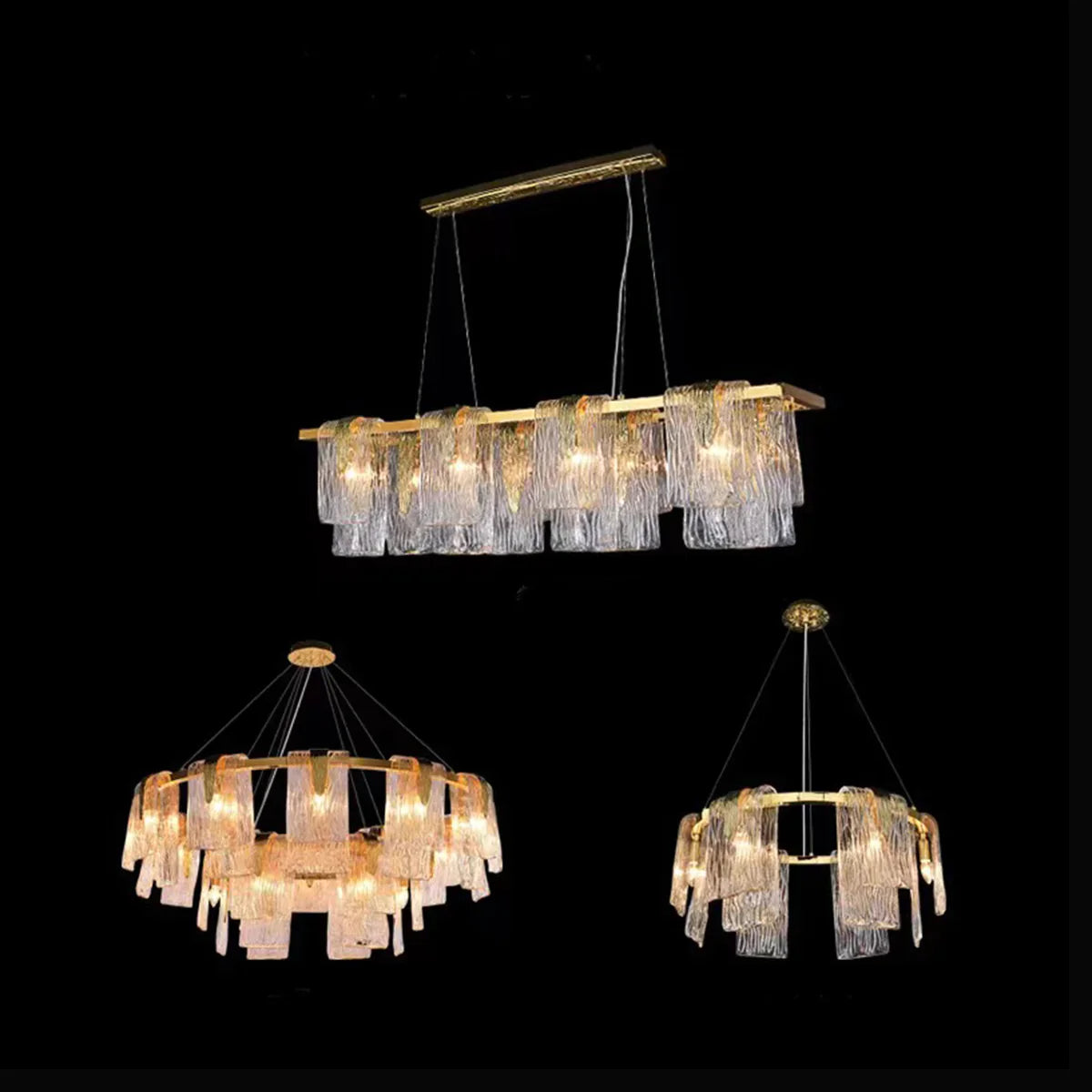 Light Luxury Irregular Glass Slice Chandelier Suit in Brass Finish for Living Room/ Ding Room/ Bedroom, shining, glass, round, rectangle, gold,