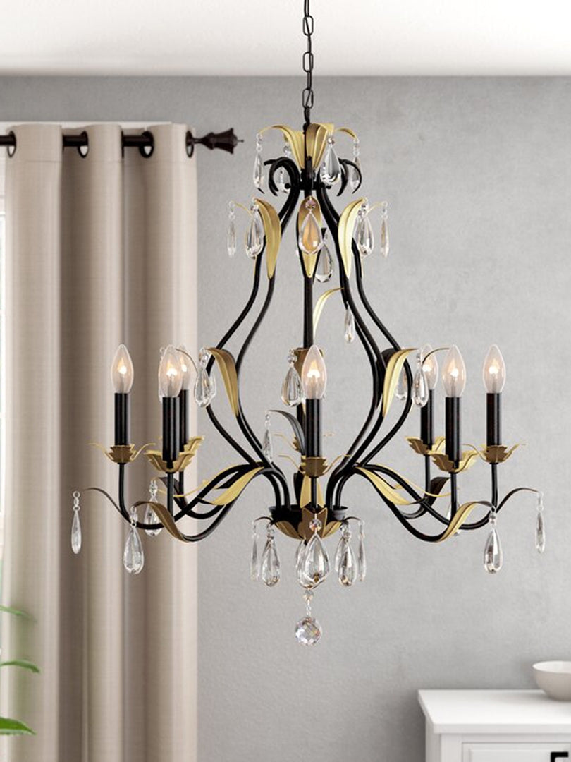 Large European-Style Iron Cascading Candle and Crystal Pendant for Living / Dining Room