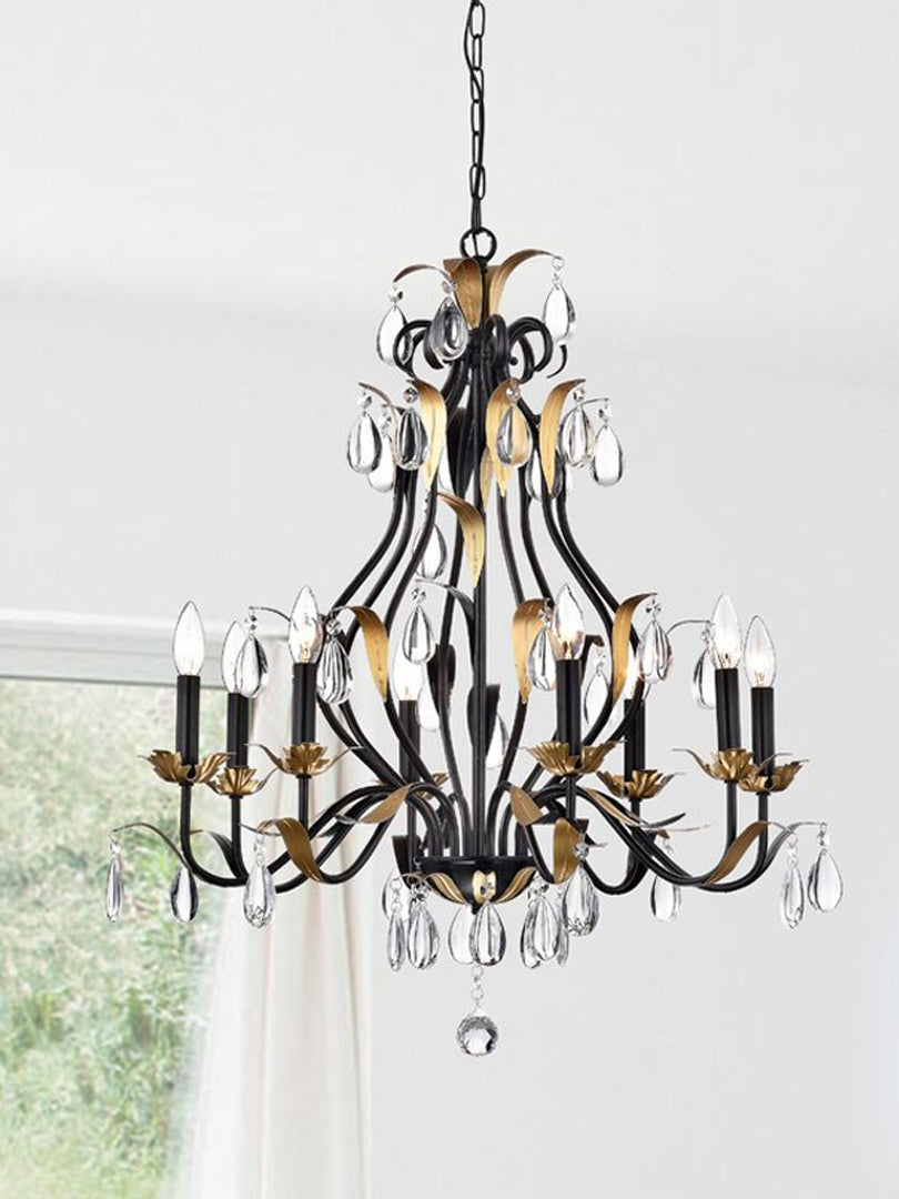 Large European-Style Iron Cascading Candle and Crystal Pendant for Living / Dining Room