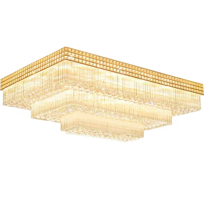 Extra Large Three Layers Rectangular Luxury Flush Mounted Crystal Chandelier for Living Room