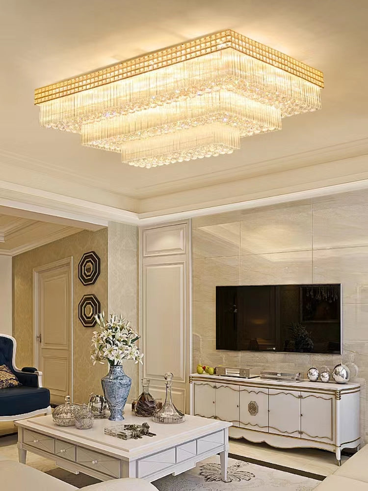 Extra Large Three Layers Rectangular Luxury Flush Mounted Crystal Chandelier for Living Room