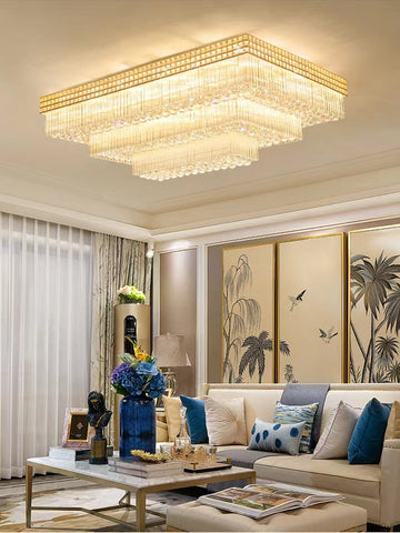 Extra Large Three Layers Rectangular Luxury Flush Mounted Crystal Chandelier for Living Room