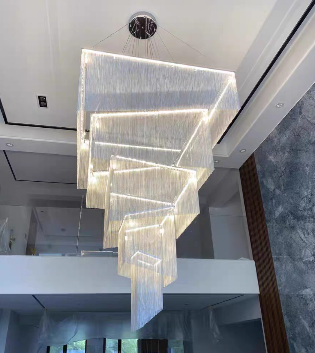 Extra Large Art Multi-tier Aluminum Chain Tassel Chandelier for High-Ceiling Room