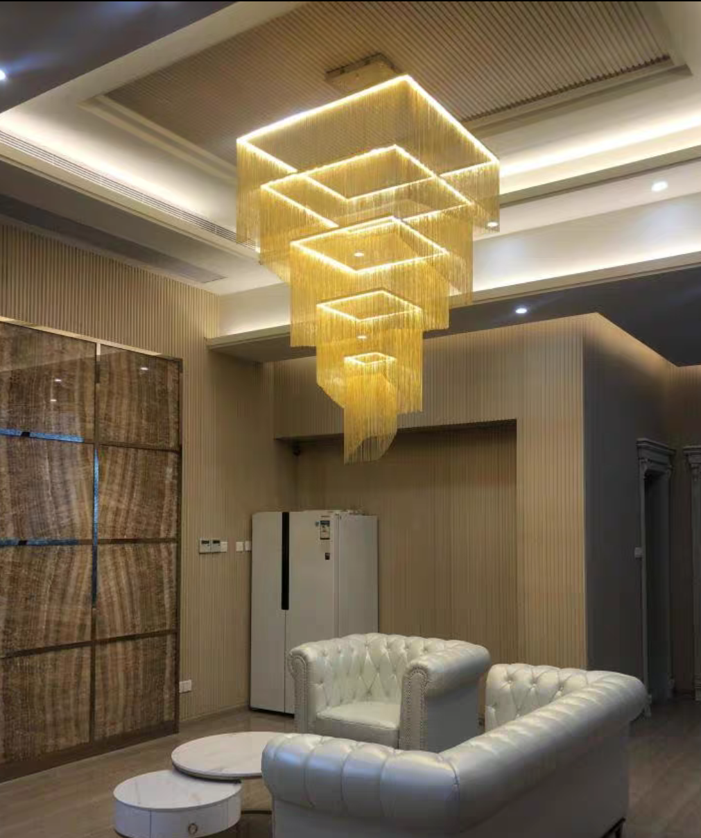 Extra Large Art Multi-tier Aluminum Chain Tassel Chandelier for High-Ceiling Room