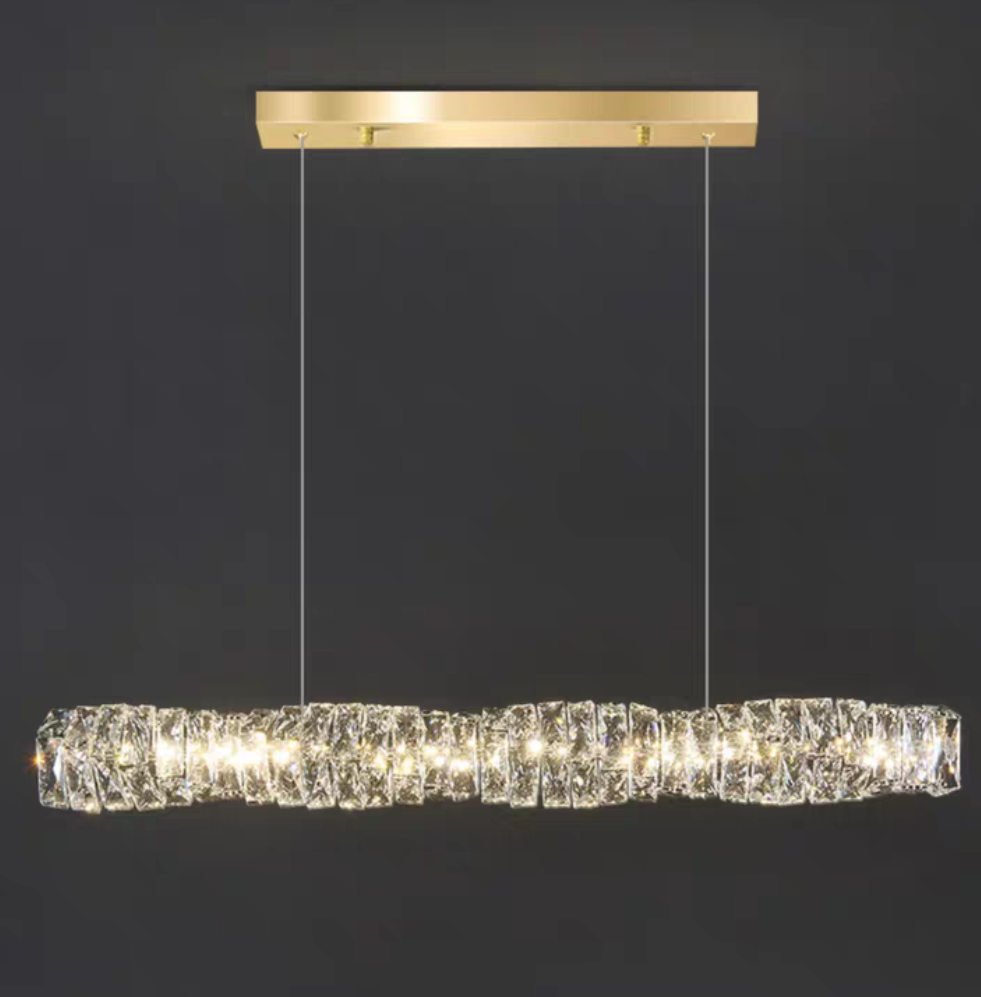 New Nordic Light Luxury Rectangle Brass and Crystal Pendant for Dining Room/Kitchen Island