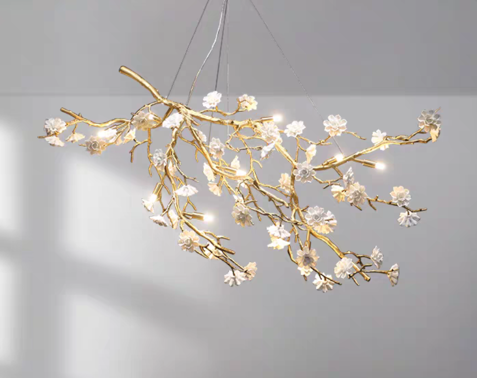 Post-Modern Art Brass and Ceramics Flower Pendant Branch Chandelier for Living/Dining Room