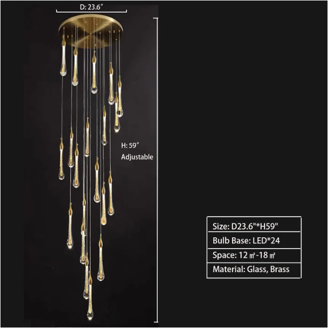 D23.6"*H59.0" chandelier,chandeliers,pendant,glass,light luxury,luxury,gold,long,high,staircase,spiral staircase,stair,raindrop rod,rods,kitchen island,dining table,dining bar,long table,big table,bar