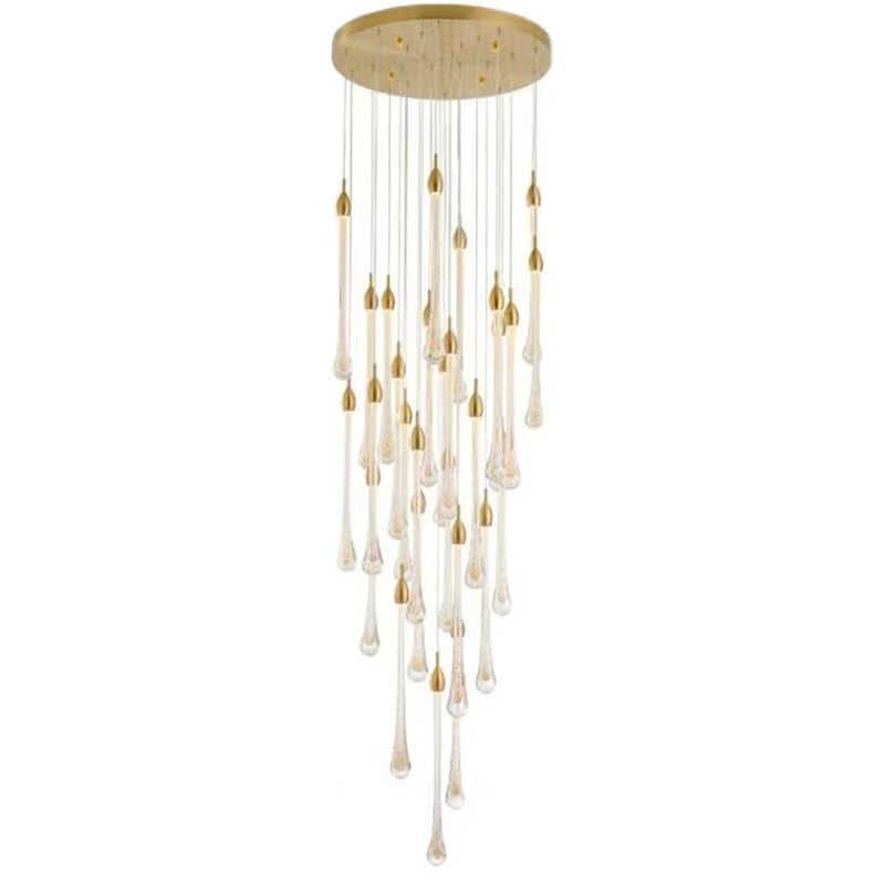 Modern Long Gold Glass Raindrop Rod Pendant Light for Staircase/High-ceiling room