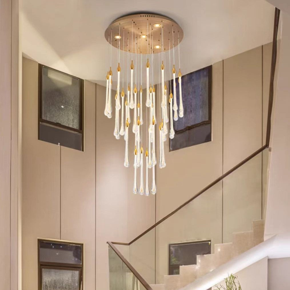 Modern Long Gold Glass Raindrop Rod Pendant Light for Staircase/High-ceiling room