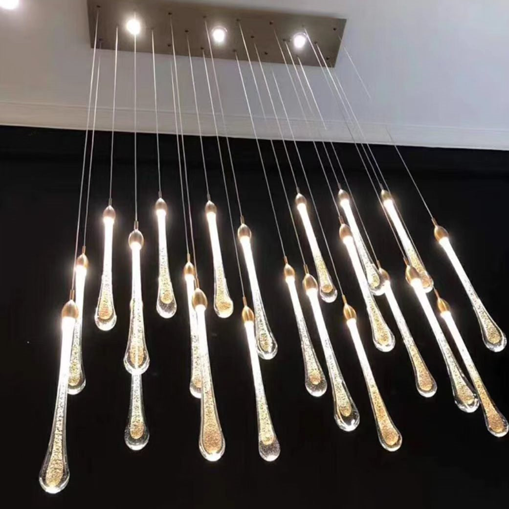 Modern Long Gold Glass Raindrop Rod Pendant Light for Staircase/High-ceiling room