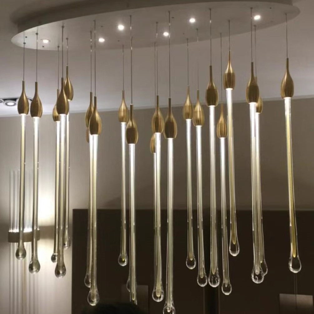 Modern Long Gold Glass Raindrop Rod Pendant Light for Staircase/High-ceiling room