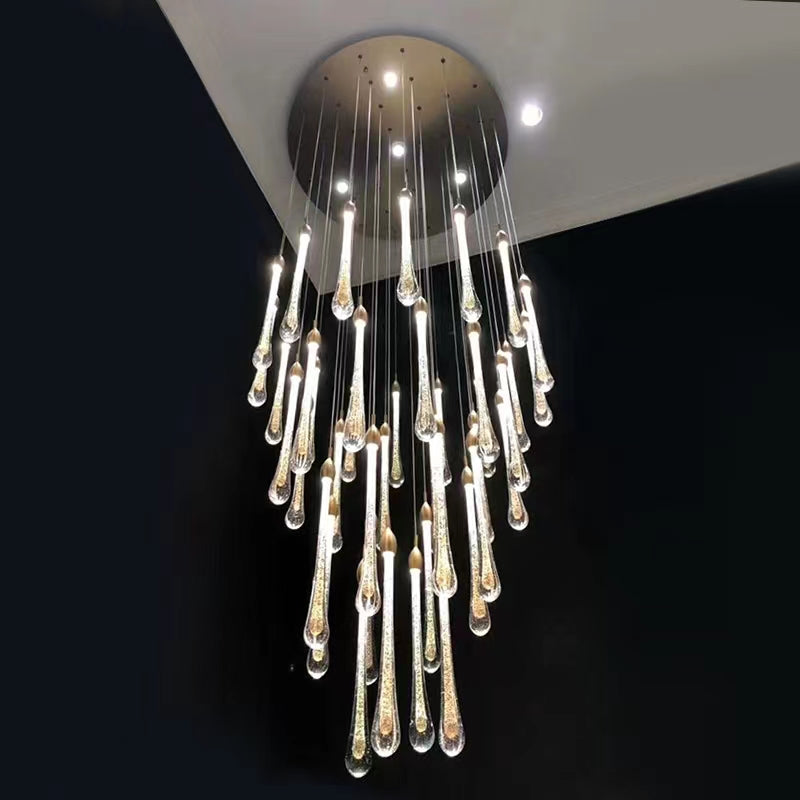 Modern Long Gold Glass Raindrop Rod Pendant Light for Staircase/High-ceiling room