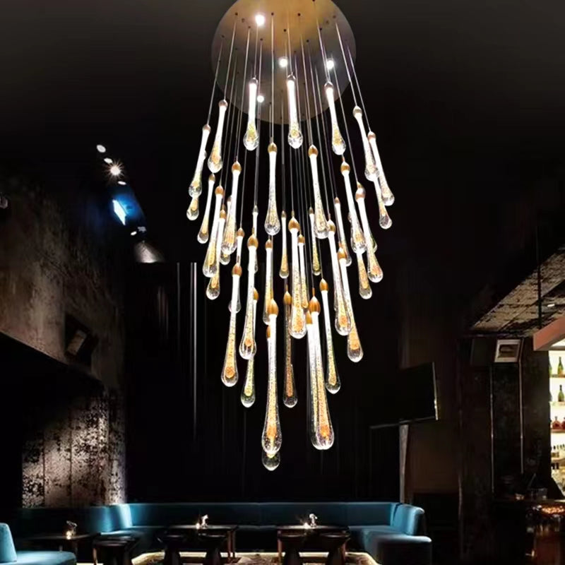 Modern Long Gold Glass Raindrop Rod Pendant Light for Staircase/High-ceiling room