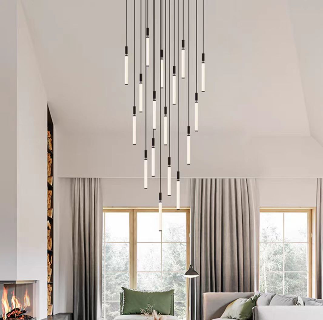 Nordic Fashion Minimalist Black Straight Pendant Chandelier for Bedside/Staircase/Loft/Duplex