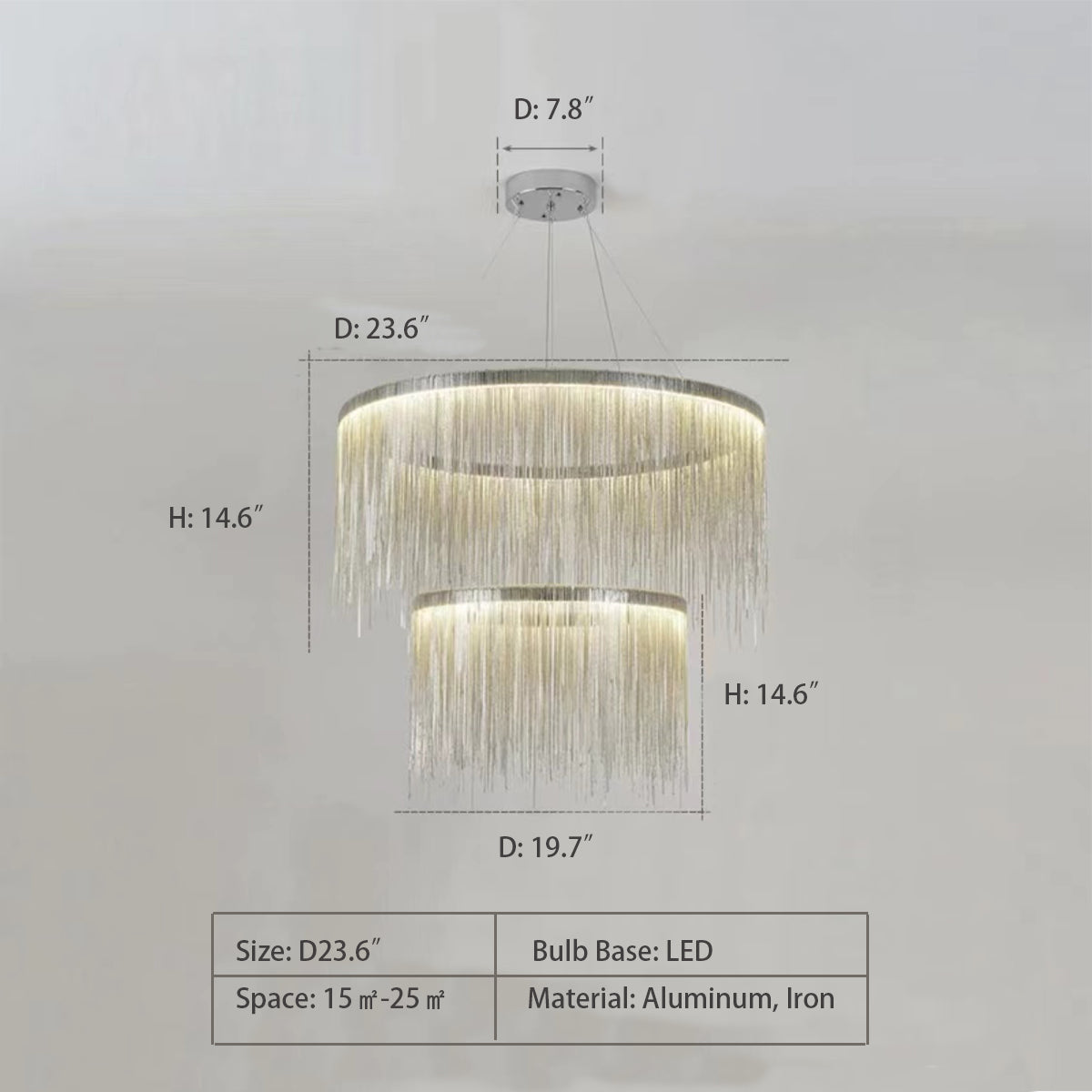 2 Layers: D23.6" String Light Chandelier - Round,chandelier,chandeliers,tassel,pendant,aluminum,round,classic,two layers,2 layers,big,huge,large,oversized,chain,living room,dining room,duplex,loft