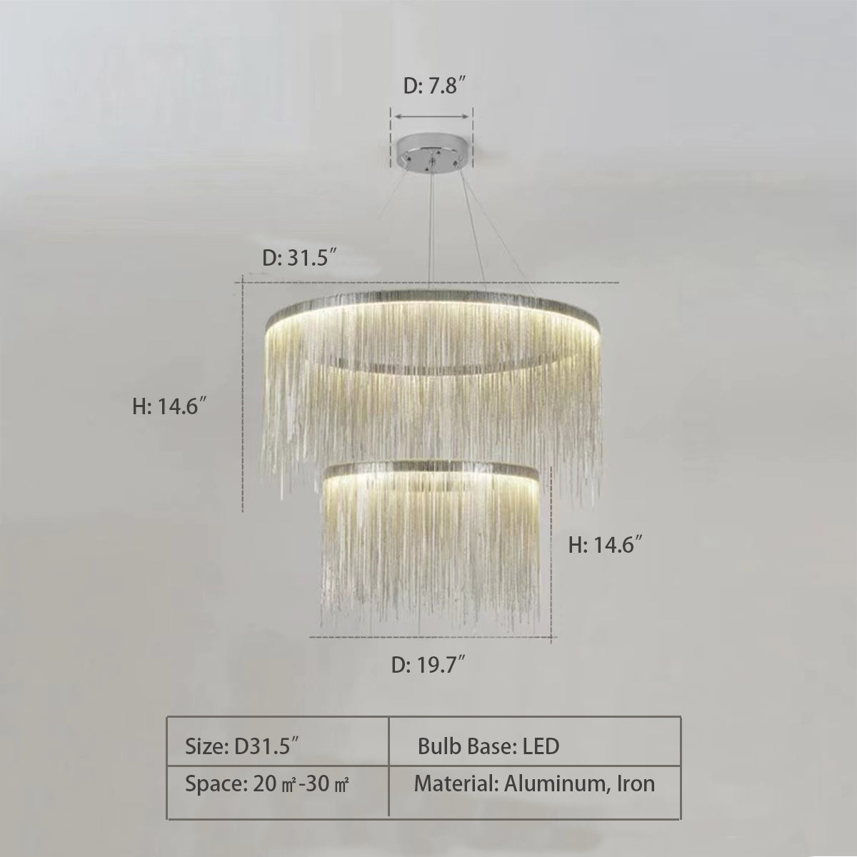 2 Layers: D31.5" String Light Chandelier - Round,chandelier,chandeliers,tassel,pendant,aluminum,round,classic,two layers,2 layers,big,huge,large,oversized,chain,living room,dining room,duplex,loft