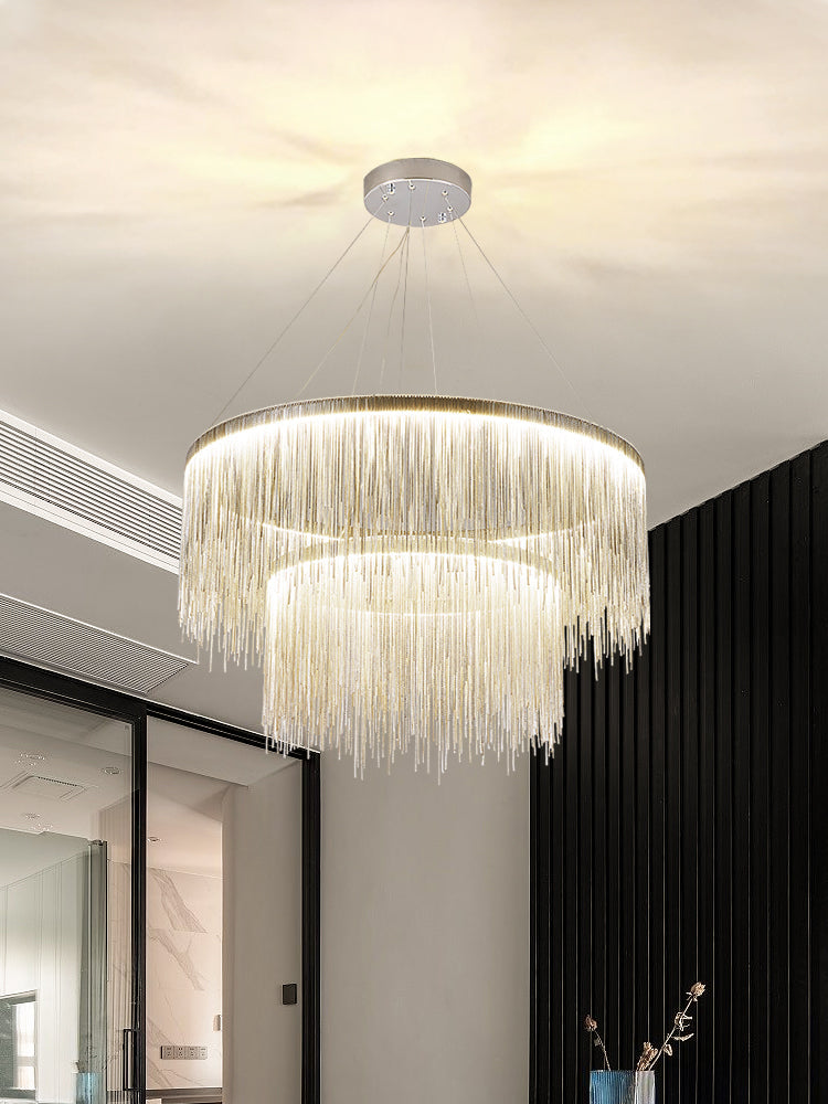 Extra Large Round Aluminum Tassel Chain Chandelier for Living/Dining Room/Villa/Duplex Hall