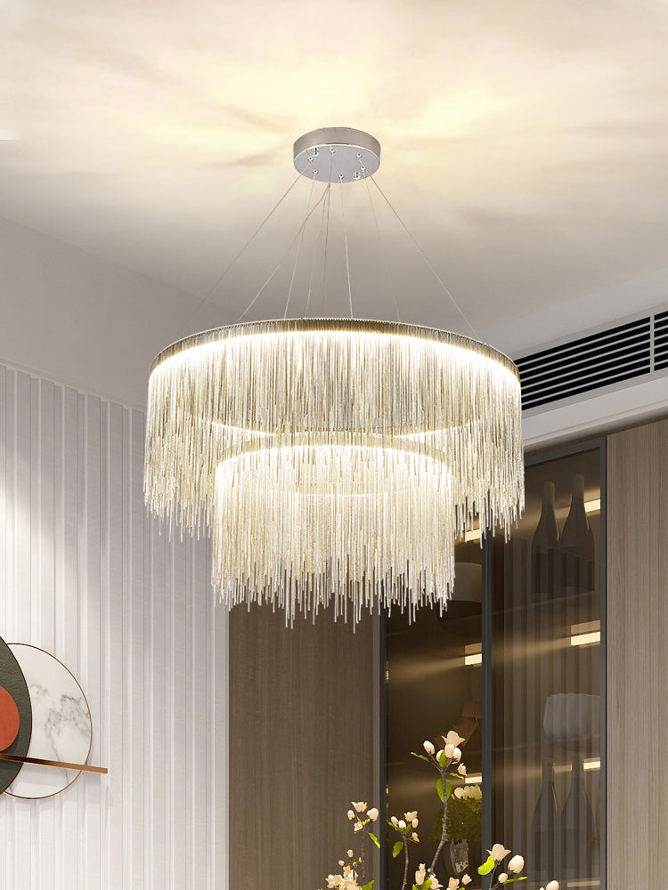 Extra Large Round Aluminum Tassel Chain Chandelier for Living/Dining Room/Villa/Duplex Hall