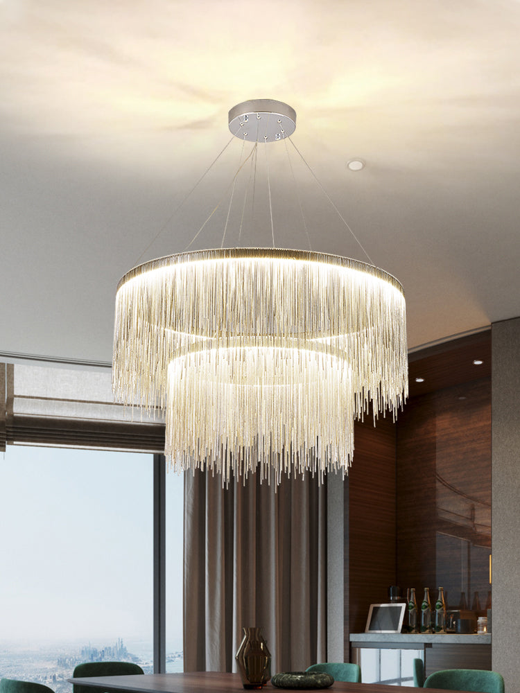 Extra Large Round Aluminum Tassel Chain Chandelier for Living/Dining Room/Villa/Duplex Hall