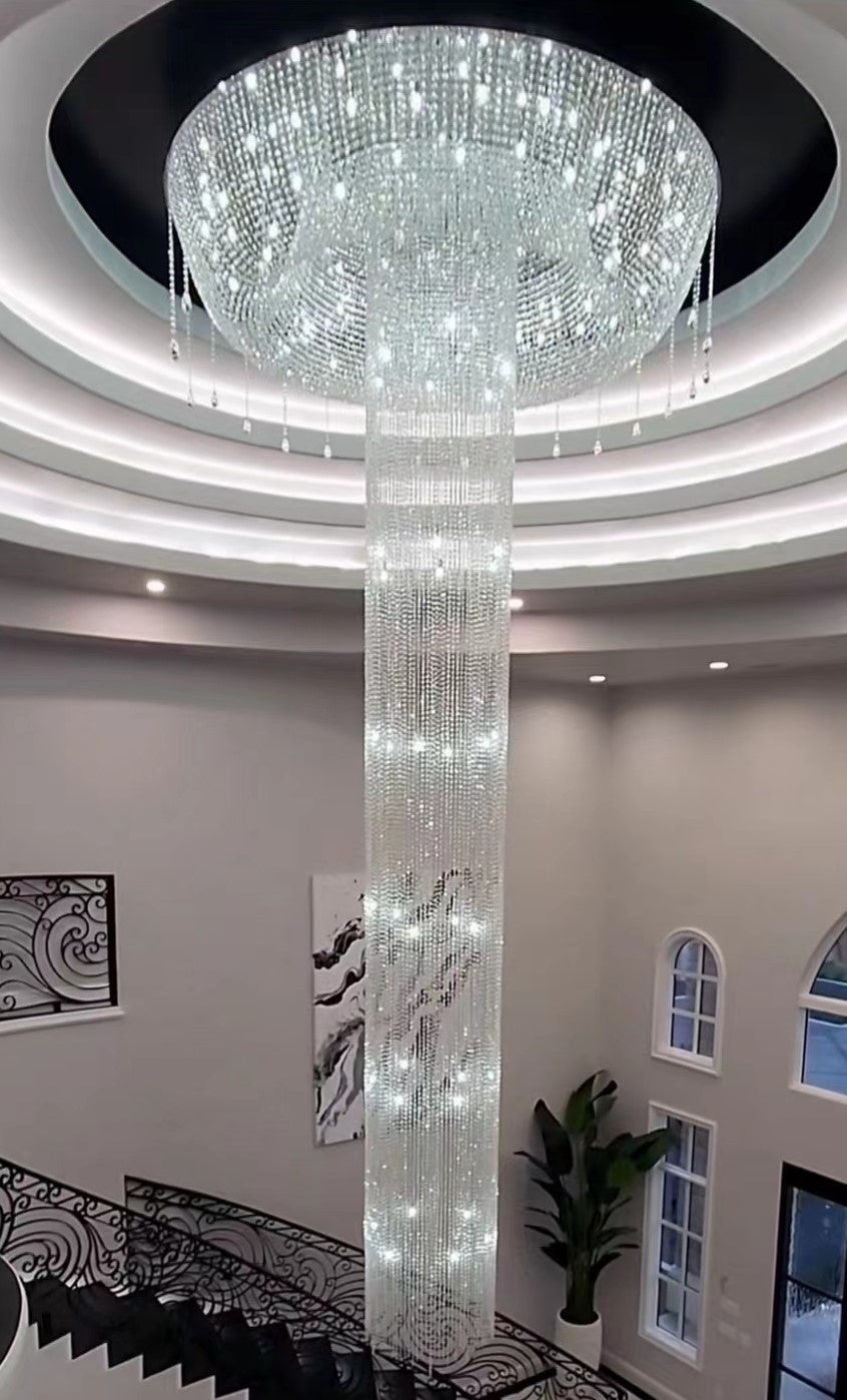 Extra Large Flush Mount Silver Waterfall Luxury Ceiling Crystal Chandelier for High-ceiling Living Room/Duplex Hall