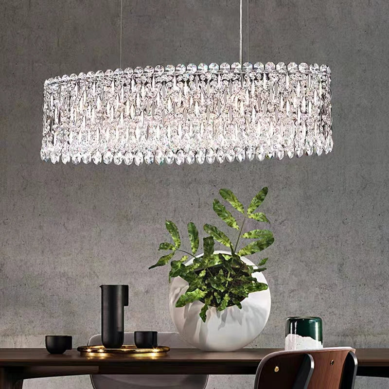 Sarella Oval Linear Suspension,chandelier,chandeliers,crystal,luxury,light luxury,modern,long table,big table,dining table,kitchen island,dining bar,kitchen bar,bar,living room,dining room,study,stainless steel