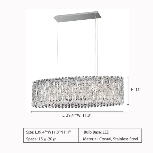 L39.4"*W11.8"*H11.0" Sarella Oval Linear Suspension,chandelier,chandeliers,crystal,luxury,light luxury,modern,long table,big table,dining table,kitchen island,dining bar,kitchen bar,bar,living room,dining room,study,stainless steel,big,huge,oversized,large