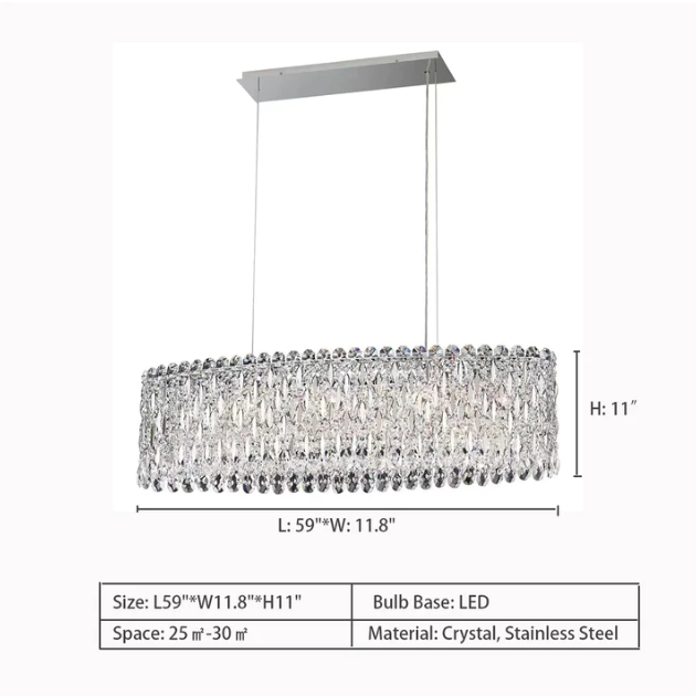 L59.0"*W11.8"*H11.0" Sarella Oval Linear Suspension,chandelier,chandeliers,crystal,luxury,light luxury,modern,long table,big table,dining table,kitchen island,dining bar,kitchen bar,bar,living room,dining room,study,stainless steel,big,huge,oversized,large