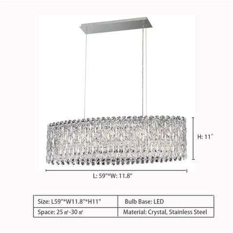 L59.0"*W11.8"*H11.0" Sarella Oval Linear Suspension,chandelier,chandeliers,crystal,luxury,light luxury,modern,long table,big table,dining table,kitchen island,dining bar,kitchen bar,bar,living room,dining room,study,stainless steel,big,huge,oversized,large