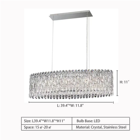 L39.4"*W11.8"*H11.0" Sarella Oval Linear Suspension,chandelier,chandeliers,crystal,luxury,light luxury,modern,long table,big table,dining table,kitchen island,dining bar,kitchen bar,bar,living room,dining room,study,stainless steel,big,huge,oversized,large