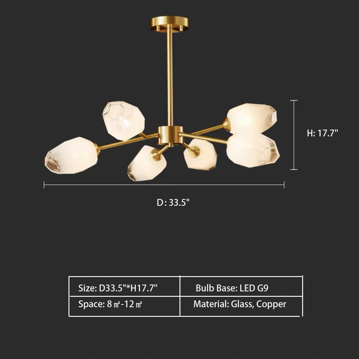 6Heads: D33.5"*H17.7" chandelierchandeliers,ice,stone,glass,copper,multi-head,gold,luxury,creative,art,bedroom,living room,dining room,ceiling,entryance,foyer,Ice Block Brushed Brass Mid Century Ceiling Light Fixtures Modern Pendant Light