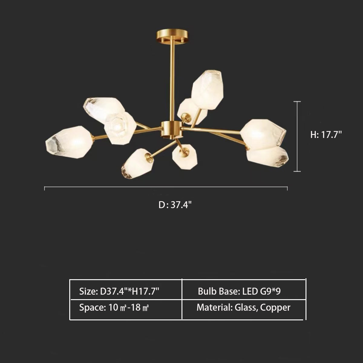 9Heads: D37.4"*H17.7" chandelierchandeliers,ice,stone,glass,copper,multi-head,gold,luxury,creative,art,bedroom,living room,dining room,ceiling,entryance,foyer,Ice Block Brushed Brass Mid Century Ceiling Light Fixtures Modern Pendant Light