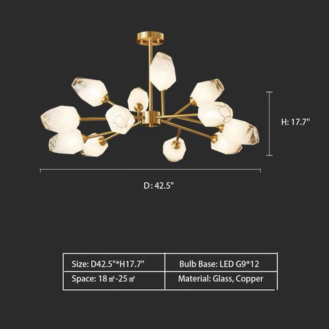 12Heads: D42.5"*H17.7" chandelierchandeliers,ice,stone,glass,copper,multi-head,gold,luxury,creative,art,bedroom,living room,dining room,ceiling,entryance,foyer,Ice Block Brushed Brass Mid Century Ceiling Light Fixtures Modern Pendant Light