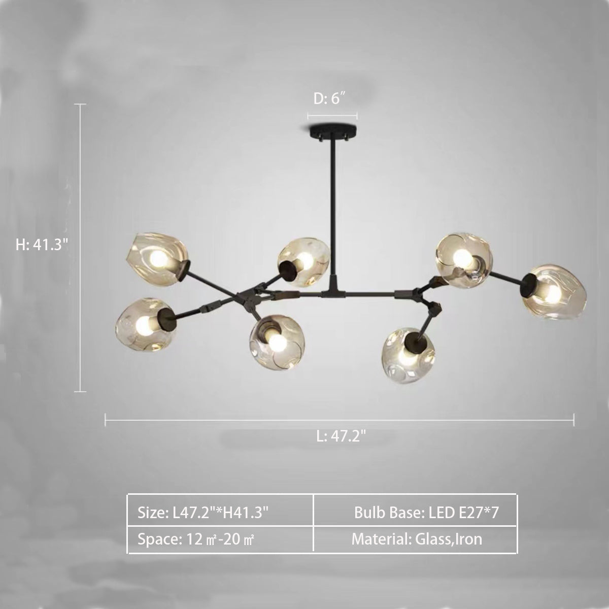 7Heads: L47.2"*H41.3"  Gaia 5 - Light Sputnik Modern Linear Chandelier,chandelier,chandeliers,glass,metal,iron,cup,branch,fashion,trendy,multi-head,pendant,extra large,oversize,large,huge,big,long table,big table,kitchen island,kitchen bar,dining table,dining bar