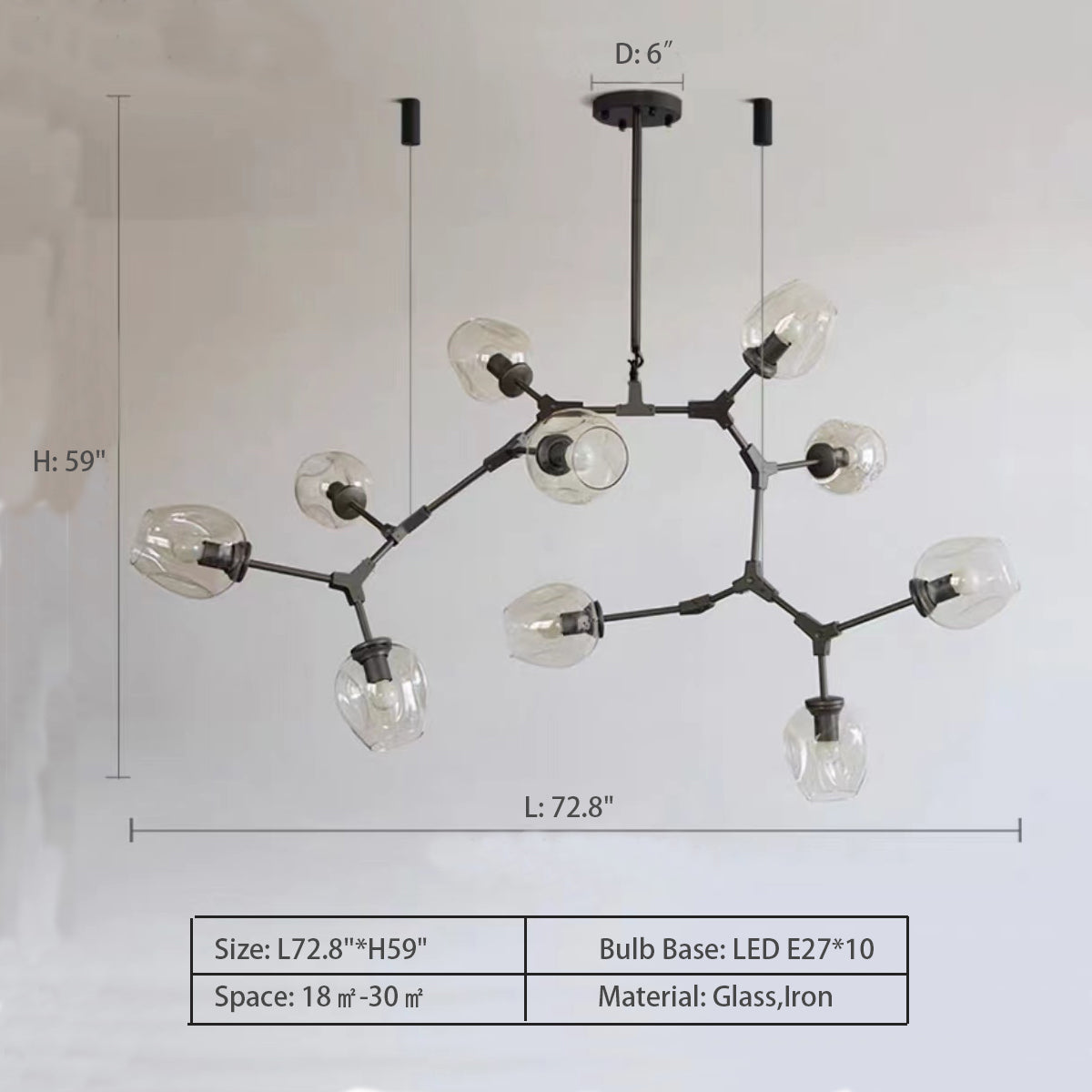 10Heads: L72.8"*H59.0"  Gaia 5 - Light Sputnik Modern Linear Chandelier,chandelier,chandeliers,glass,metal,iron,cup,branch,fashion,trendy,multi-head,pendant,extra large,oversize,large,huge,big,long table,big table,kitchen island,kitchen bar,dining table,dining bar