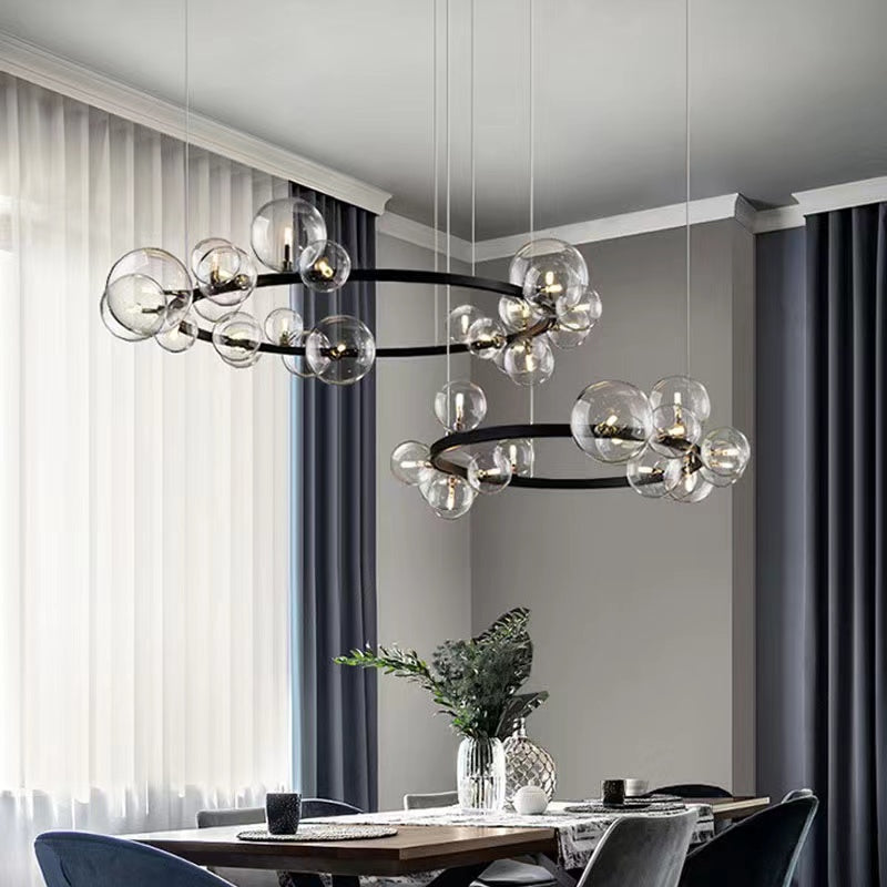 Oversized Nordic Black Iron Glass Bubble Collection Chandelier Suit for Living/Dining Room