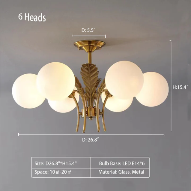 6Heads: D26.8"*H15.4"  Sphere Ceiling Light Simplicity White/Pink/Cognac Glass 6-Bulb Drawing Room LED Hanging Chandelier with Leaf Decor,chandelier,chandeliers,chandelier,sphere,round,glass,iron,metal,gold,feather,white,ceiling,bedroom,dining room,living room,entrys,foyer,closet,bathroom,hallway,nordic,modern,minimalist