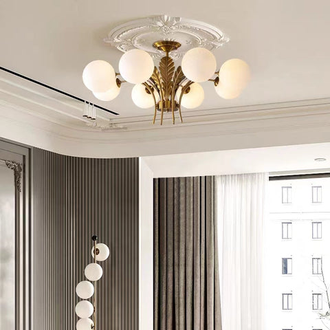 Modern Sputnik White Glass Sphere Golden Feather Chandelier for Living Room/Bedroom/Entryance